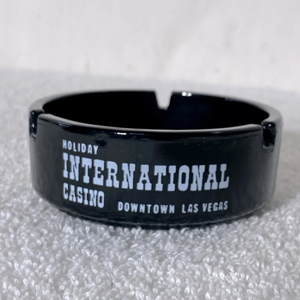 Vintage Holiday International Casino Black Glass Ashtray Trinket Dish